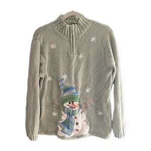 Mandal Bay Green Embroidered Snowman 1/4 Zip Cardigan Sweater Womans Size XL
